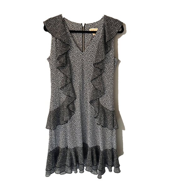 Michael Kors Dress Black White L Large Fluttery Floral Print V Neck Ruffle - Picture 4 of 10